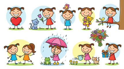 Happy cartoon girls playing and interacting in various fun childhood scenes