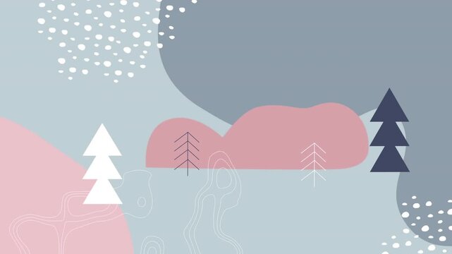 Digital animation of christmas tree icons, topography and abstract shapes against grey background