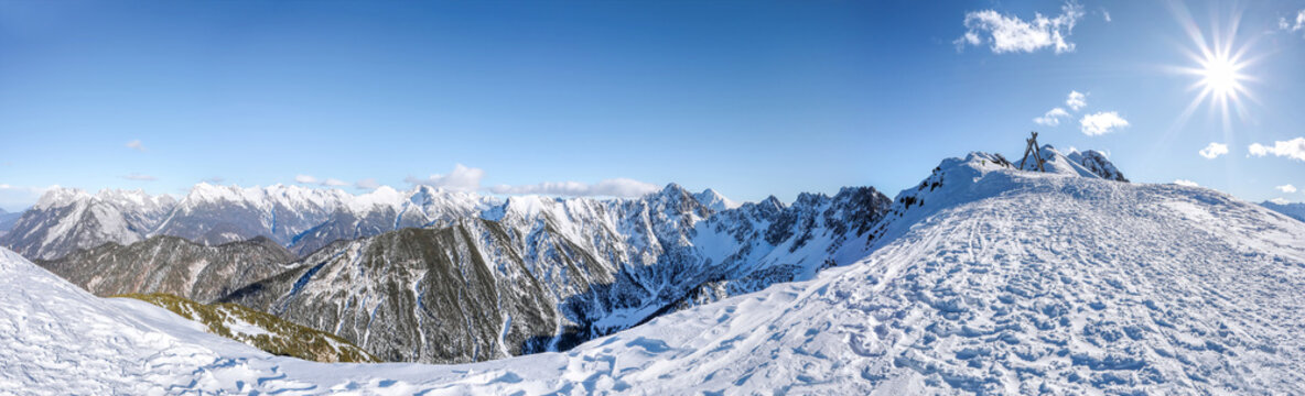 Panorama of winter landscape with snow covered Alps in Seefeld inTirol, Austria
