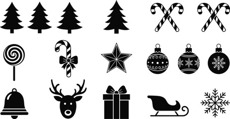 Set of black Christmas icons with pine trees candy canes ornaments reindeer bell snowflake sleigh and gift box for winter holiday design © Joyanti