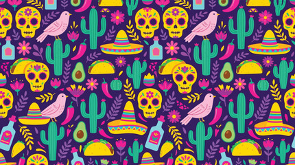 Colorful Mexican Culture Seamless Pattern with Sugar Skulls Tacos and Cacti
