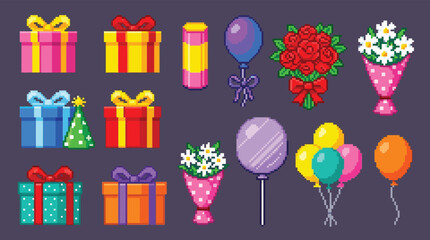 Pixel art gifts balloons and flowers collection for celebration and party designs