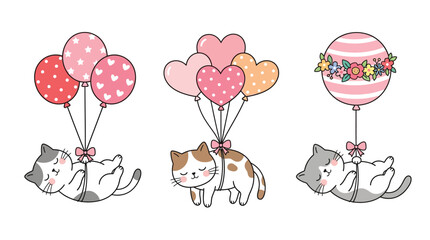 Happy cartoon cats floating with a variety of colorful balloons