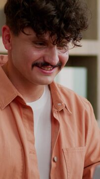 Caucasian business man work laptop in office businessman male guy working typing computer smiling happy with online job at table employer manager chatting with client with internet smile specialist