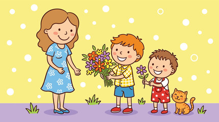 Children present flowers to mother figure with a cat outdoors