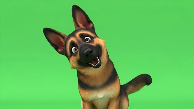 Animated German Shepherd Dog with Goofy Expression, Head Tilting, Green Screen Background