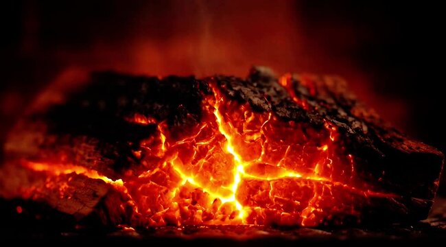 Close-up of Intensely Glowing Wood Embers with Bright Orange and Yellow Cracks in Darkness
