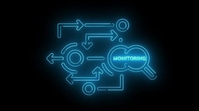Neon blue glowing monitoring system icon with arrows on a black background with a futuristic feel.