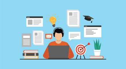Naklejka premium Online Learning and E-Learning Concept – Student Studying with Laptop, Education and Knowledge Vector Illustration
