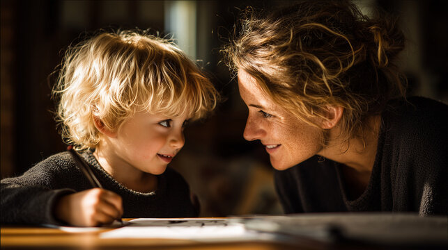 happy little boy drawing and showing artwork to mother at home, beautiful bonding moment between mother and son with warm sunset light, proud child painting with mother in cozy indoor setting
