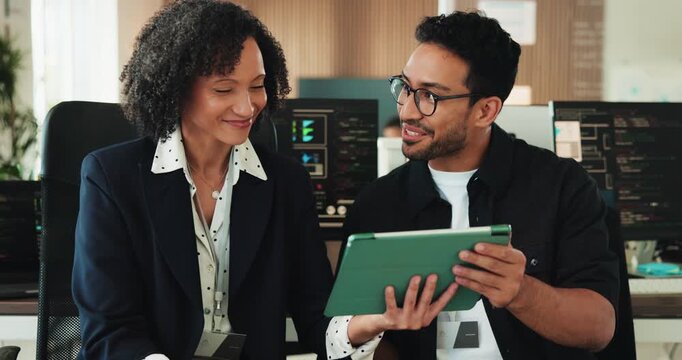 Tablet, programming and business people in office with discussion for website development project. Digital technology, meeting and team of coders with coding for software update at startup agency.