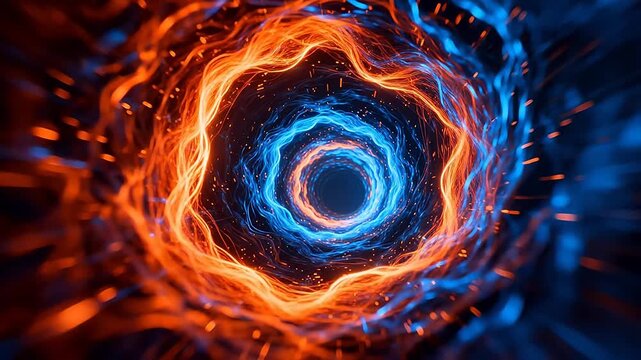 Abstract spiral vortex with glowing orange and blue energy lines
