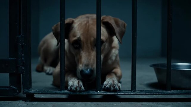 A medium shot captures a dog, positioned behind metal bars. The dog has tan fur, brown eyes and sits with its paws facing the camera. A metal bowl sits nearby