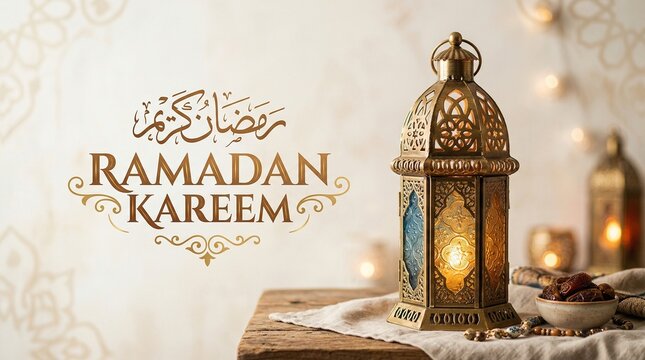 Ramadan Kareem Greeting Card with Traditional Lantern and Dates on Wooden Table