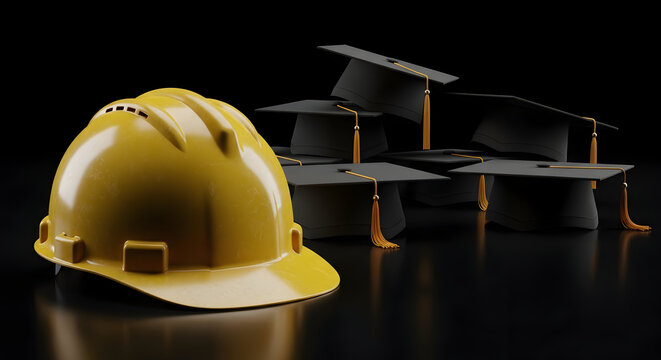 Construction helmet beside graduation caps on dark background representing vocational education pathway