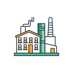 Naklejka premium Factory Illustration with Smokestack, Cylindrical Tank, and Conical Tower Representing Industrial Production and Manufacturing Vector