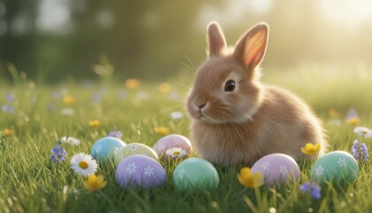 Fototapeta premium Cute fluffy bunny sitting in green spring grass surrounded by pastel Easter eggs and wildflowers in warm golden sunlight, creating a soft and joyful holiday scene perfect for greeting cards and season