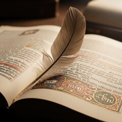 Fototapeta premium Ancient Book with Feather - A Literary Journey.