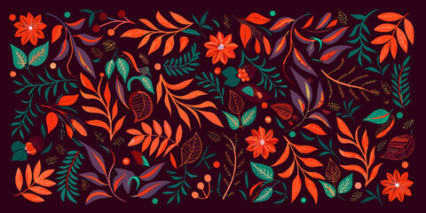 A vibrant stylized floral and botanical pattern on a dark background