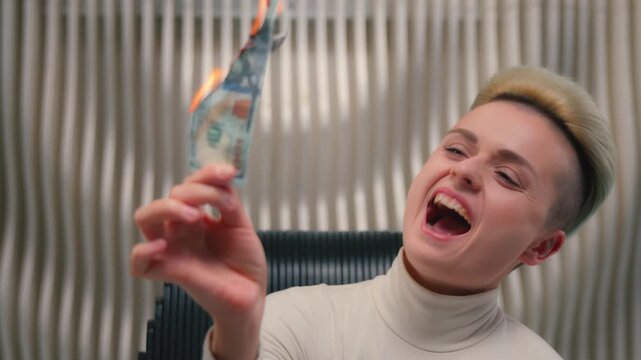 Caucasian female woman girl crazy burning money cash banknote finance spending laughing in white futuristic space lady laugh overspending financial budget crisis burn fire cyberpunk futurism gambling