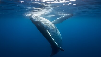 Obraz premium Humpback whale swimming underwater with sunlight shining through the surface above in the deep blue ocean waters
