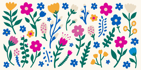 A colorful arrangement of stylized flowers and green foliage