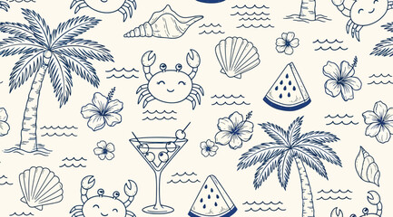 Seamless pattern featuring tropical icons like palm trees, crabs, and floral motifs on a beige background with blue illustrations © Saharia