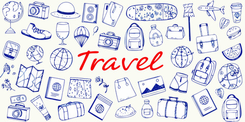 A collection of hand drawn travel themed objects and accessories © Barsha