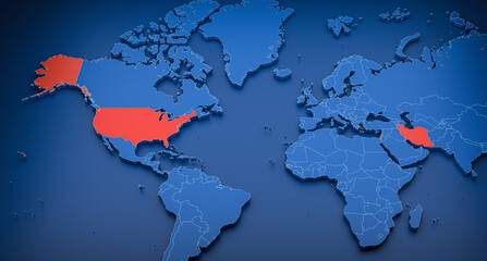 3D rendering of a map showing the positions of Israel, the United States, and Iran. A map showing the conflict between Israel, the United States, and Iran.