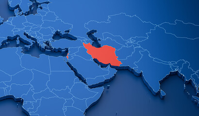 3D rendering of a map of the Middle East, marking Israel and Iran. Map showing the conflict between Israel and Iran.  © backiris