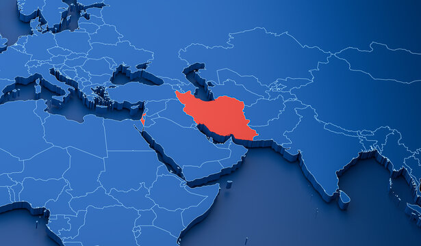 3D rendering of a map of the Middle East, marking Israel and Iran. Map showing the conflict between Israel and Iran. 