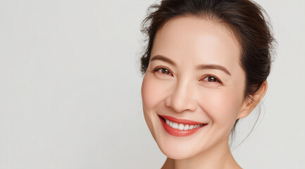 Naklejka premium Portrait of a mature Asian woman smiling with healthy white teeth in a dental clinic style 