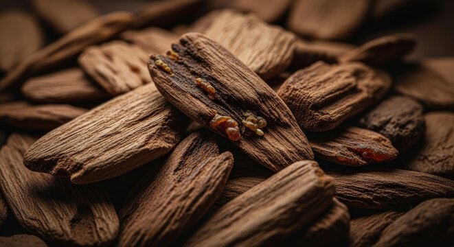 Close-up of aromatic oud wood chips.