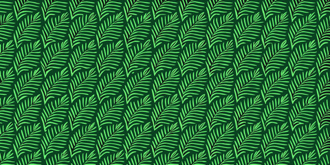 A seamless pattern of vibrant green stylized fern fronds on a dark background © Barsha