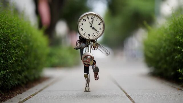 A creative conceptual image of a small mechanical robot made from clock parts walking along a blurred city sidewalk, symbolizing time, movement, and productivity.