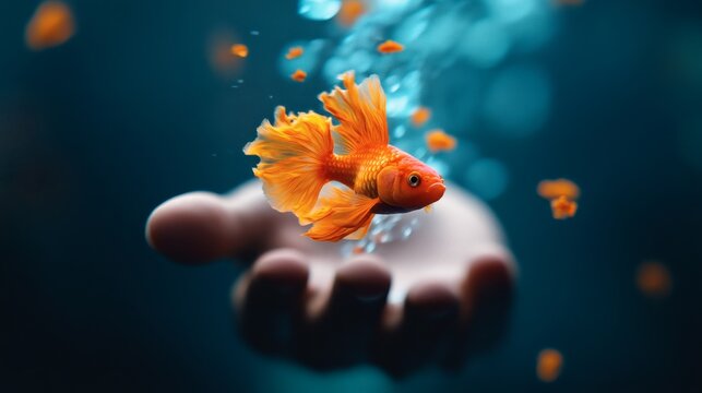 Bright orange goldfish floating above an open hand in blue water. Concept of hope, trust, protection, freedom and fragile life under human care.