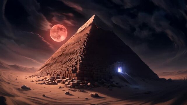 Pyramid in desert with changing red moon and glowing portal in fantasy landscape, ancient mystery concept