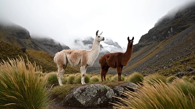 Llamas in mountain landscape.