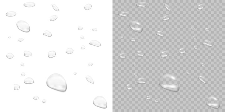 PNG realistic white water drop condensation set. Clean transparent rain droplet on glass window. Water drops rain droplets rainy fog effect for backgrounds.