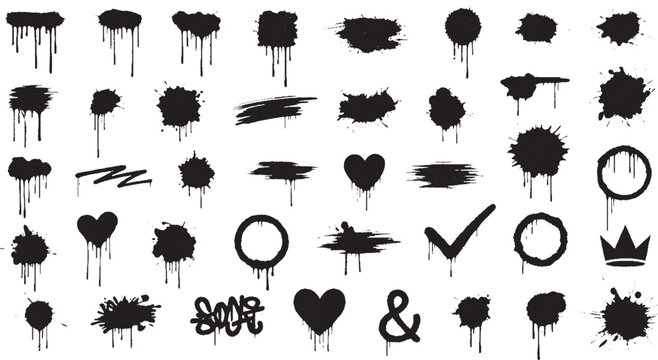 Collection of black spray paint splatters, drips, strokes, hearts, circles, and crowns on white background for grunge design.