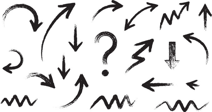 Black hand-painted brush stroke arrows and question mark symbols on white background, conveying direction and uncertainty.