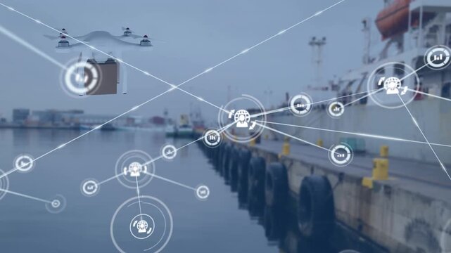 Animation of profile icons connected with lines over drone carrying box flying over port