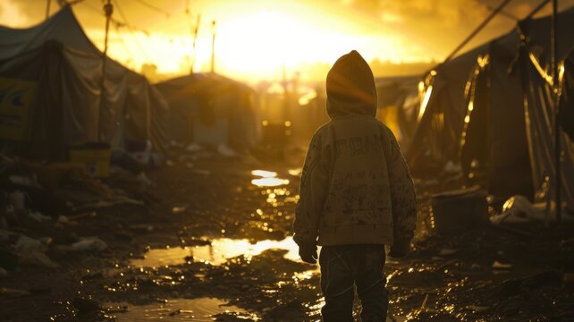 Child in a hoodie facing away from camera, amidst tents and debris in a refugee camp at sunrise