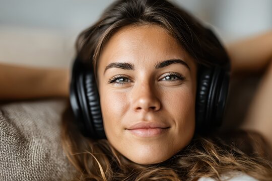 Close-up portrait of a beautiful woman wearing headphones, relaxing and enjoying music on a comfortable sofa in a peaceful ambiance, feeling content and serene.