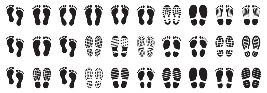 Human Footprints Icon Set, Foot Imprint and Footsteps Collection, Barefoot, Sneaker, and Shoe Silhouette Icons