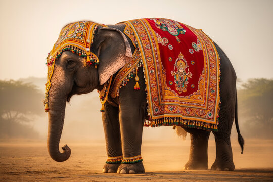 Majestic Indian Elephant Adorned in Vibrant Traditional Attire, Symbolizing Cultural Heritage and Royal Grandeur on Sandy Plains.