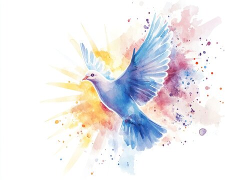 White dove of the Holy Spirit with glowing light beams on white background
