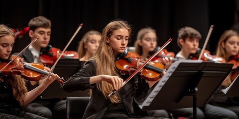 Fototapeta premium Orchestra Youth Performance Featuring Talented Young Musicians Playing Violins for Engaged Audience
