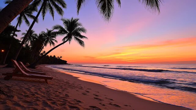 Tropical beach scene at sunset with palm trees, lounge chairs, and gentle waves