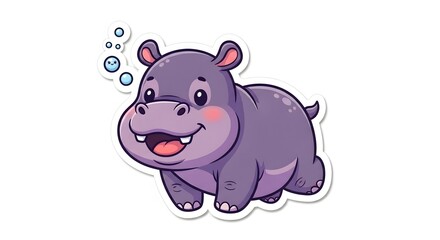 Fototapeta premium AIzaSyBFcFvcPByegxKqKy-518t5MF7DMOm4IUQ Adorable cartoon baby hippo with playful bubbles, a charming sticker for children's designs and fun projects